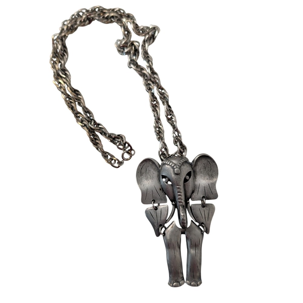 Vintage Hinged Elephant Pendant Necklace Silver Tone Hammered Metal 24 In